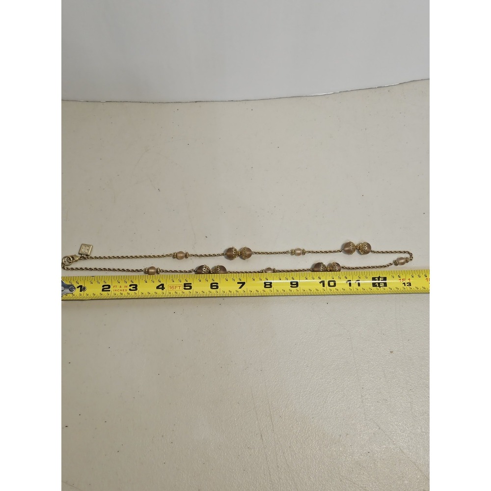 Liz Claiborne Gold Tone Station Necklace Frosted Peach Beads Filigree Caps 26in - Picture 5 of 5